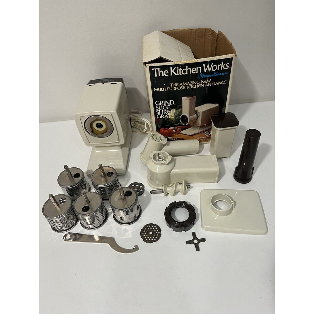 Vintage VTG Moulinex The Kitchen Works Deluxe Model 244 Tested Works Accessories